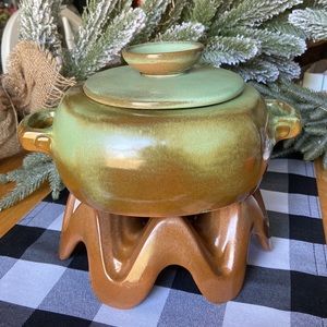 Vintage Frankoma Pottery Prairie Green Bean Pot and Warming Base